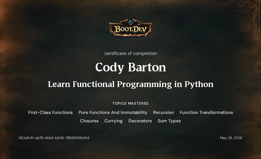 Cody Barton's Boot.dev Learn Functional Programming in Python certificate