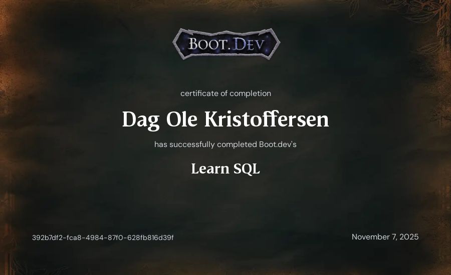 Dag Ole Kristoffersen's Boot.dev Learn SQL certificate