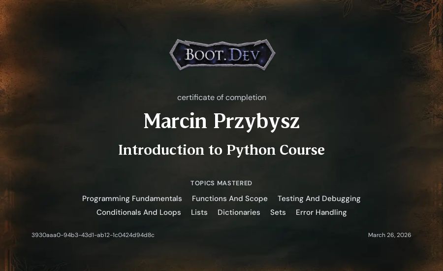 Marcin Przybysz's Boot.dev Introduction to Python Course certificate