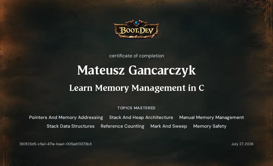 Mateusz Gancarczyk's Boot.dev Learn Memory Management in C certificate