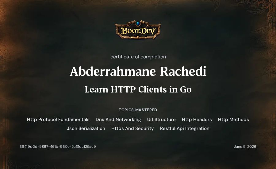 Abderrahmane Rachedi's Boot.dev Learn HTTP Clients in Go certificate