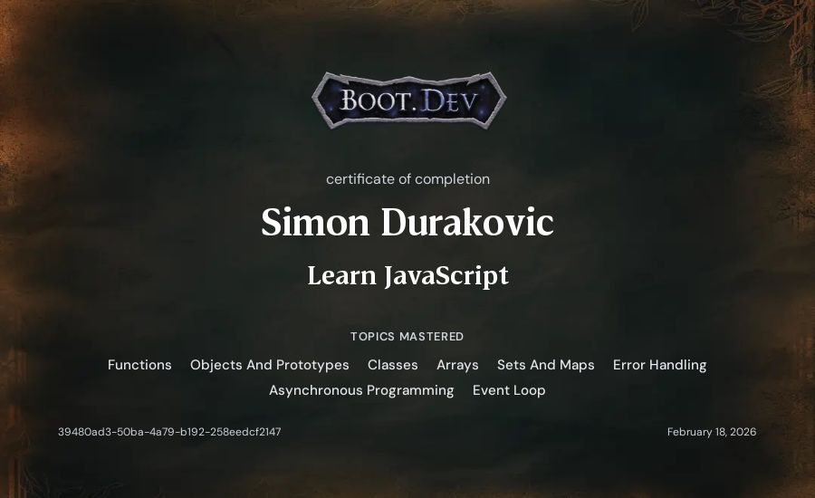 Simon's Boot.dev Learn JavaScript certificate