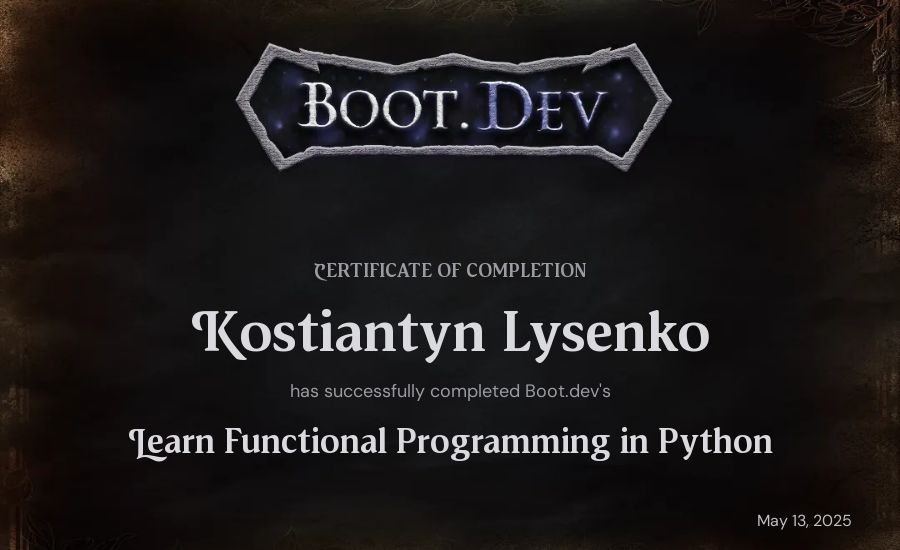 Kostiantyn Lysenko's Boot.dev Learn Functional Programming in Python certificate