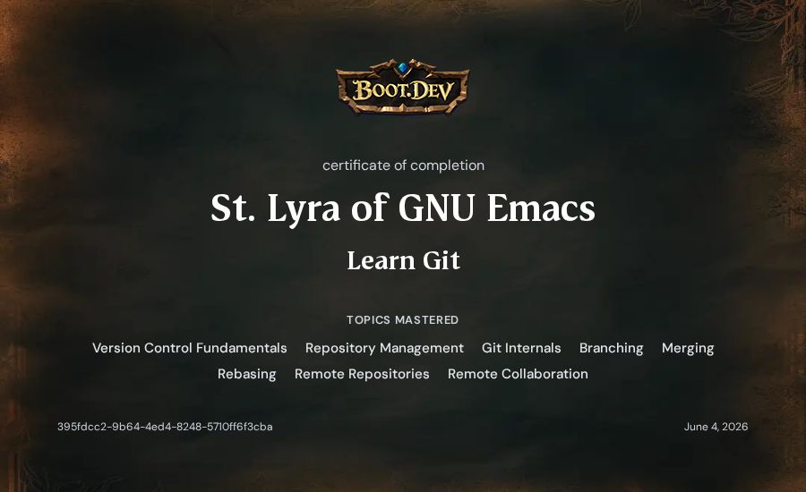St. Lyra of GNU Emacs's Boot.dev Learn Git certificate