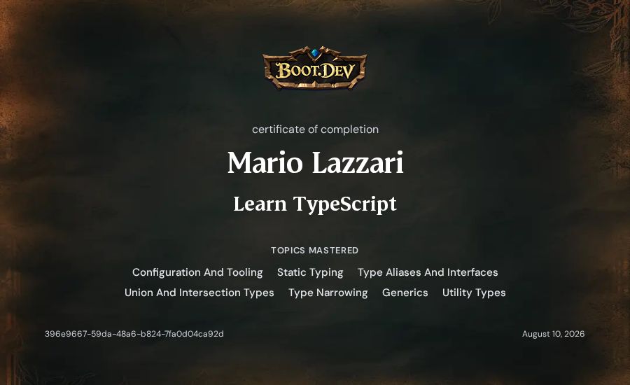 Mario Lazzari's Boot.dev Learn TypeScript certificate