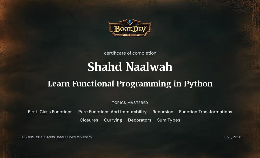Shahd Naalwah's Boot.dev Learn Functional Programming in Python certificate