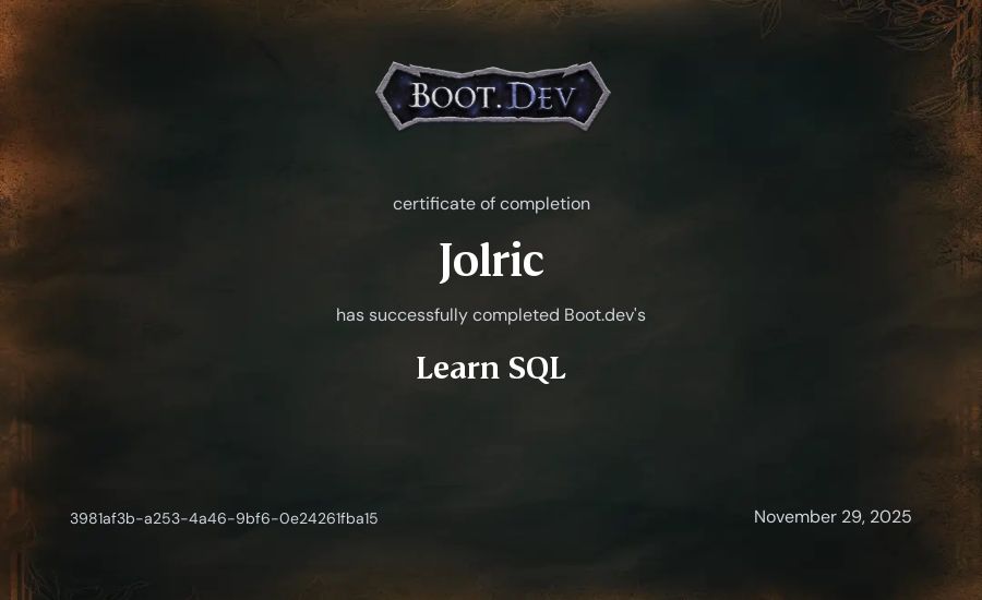 Jolric's Boot.dev Learn SQL certificate