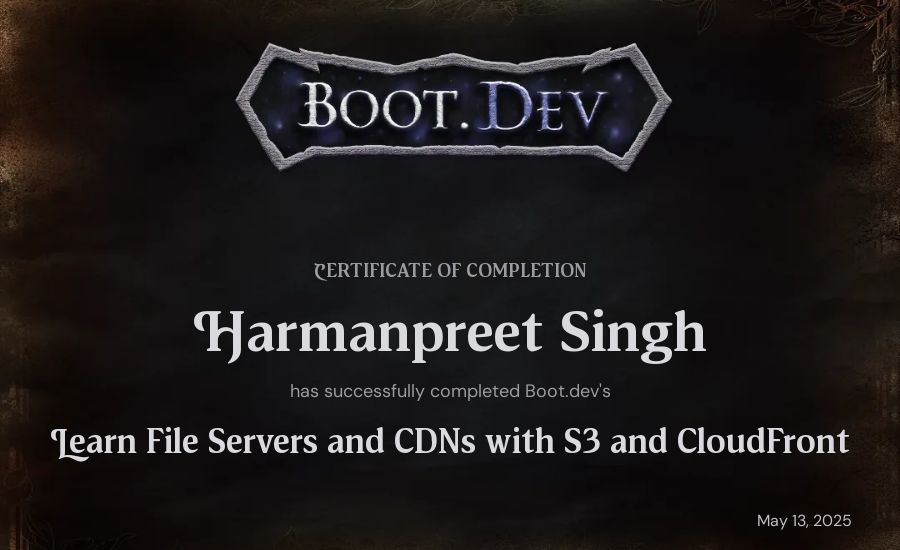 Harmanpreet Singh's Boot.dev Learn File Servers and CDNs with S3 and CloudFront certificate