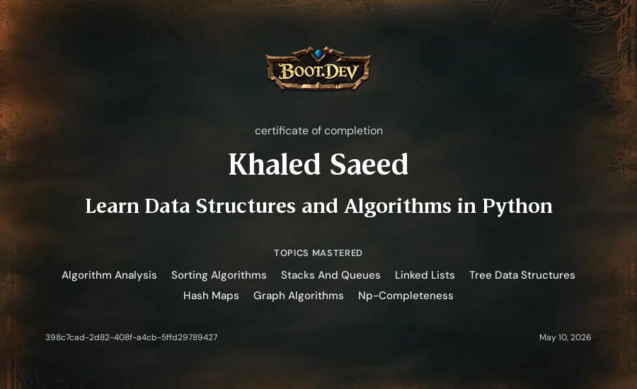Khaled Saeed's Boot.dev Learn Data Structures and Algorithms in Python certificate