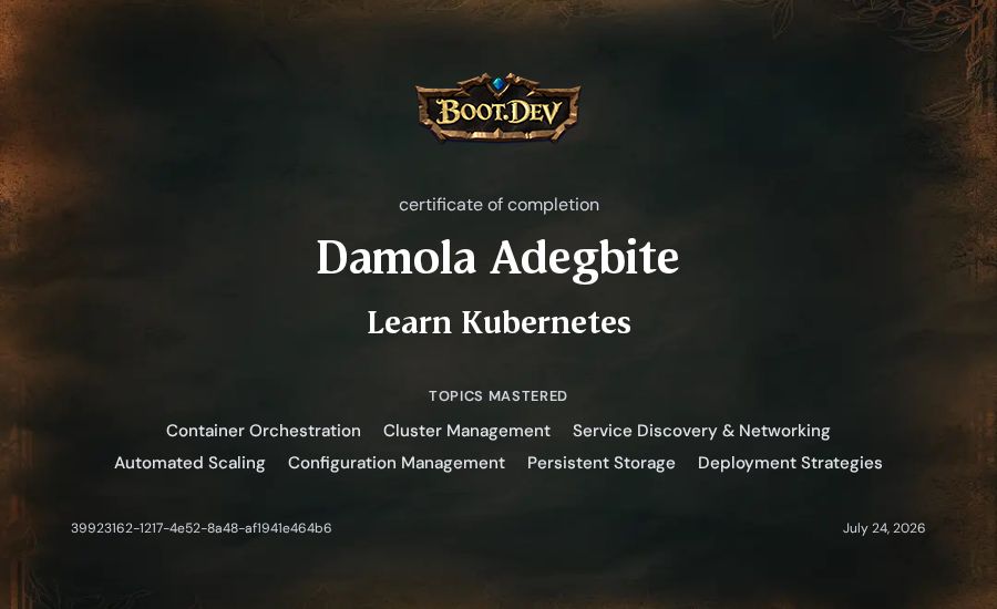 Damola Adegbite's Boot.dev Learn Kubernetes certificate