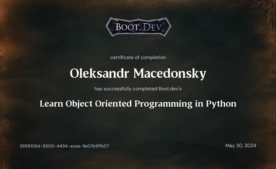 Oleksandr Azarov's Boot.dev Learn Object Oriented Programming in Python certificate