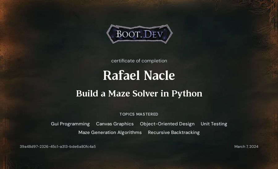 Rafael Nacle's Boot.dev Build a Maze Solver in Python certificate