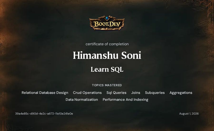 Himanshu Soni's Boot.dev Learn SQL certificate