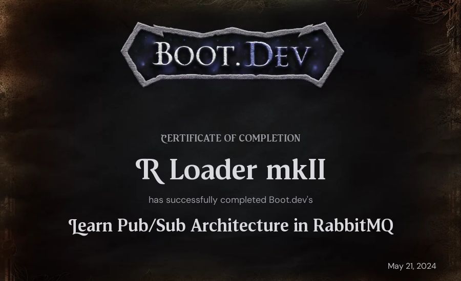 R Loader mkII's Boot.dev Learn Pub/Sub in RabbitMQ and Go certificate