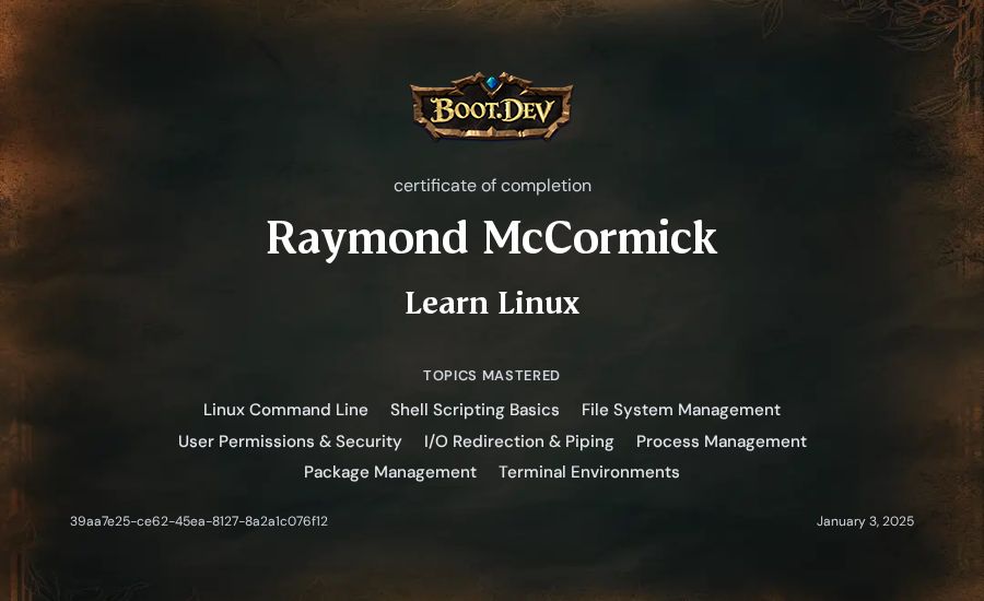 Raymond McCormick's Boot.dev Learn Linux certificate