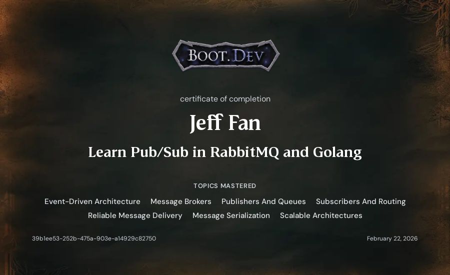 Jeff Fan's Boot.dev Learn Pub/Sub in RabbitMQ and Go certificate
