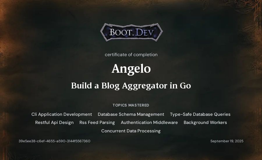 Angelo's Boot.dev Build a Blog Aggregator in Go certificate