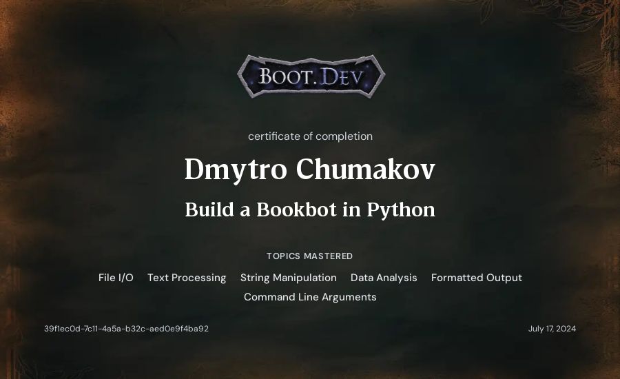 Dmytro Chumakov's Boot.dev Build a BookBot in Python certificate