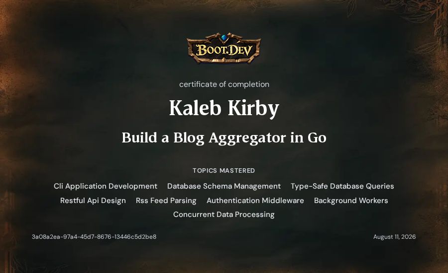 Kaleb Kirby's Boot.dev Build a Blog Aggregator in Go certificate