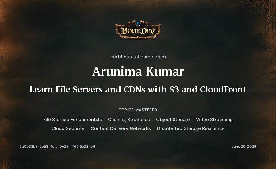 Arunima Kumar's Boot.dev Learn File Servers and CDNs with S3 and CloudFront certificate