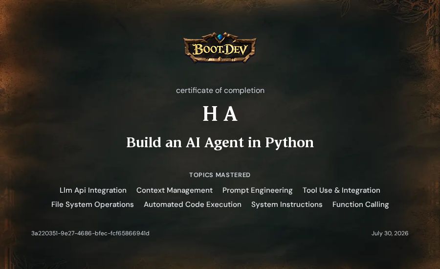 Hamza Ali's Boot.dev Build an AI Agent in Python certificate