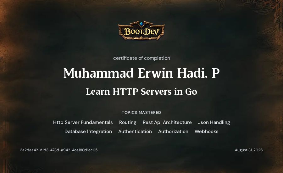 Muhammad Erwin Hadi. P's Boot.dev Learn HTTP Servers in Go certificate