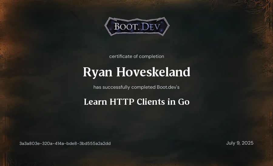 Ryan Hoveskeland's Boot.dev Learn HTTP Clients in Go certificate