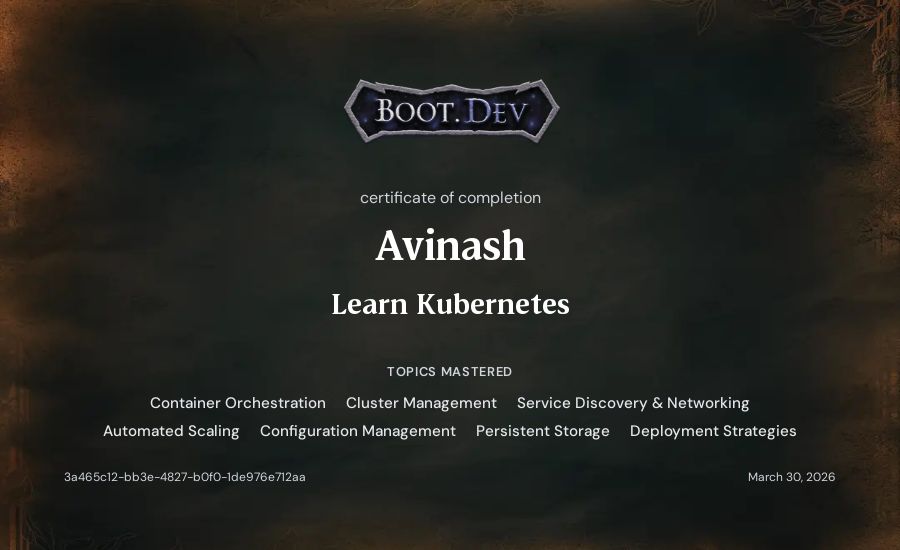 Avinash's Boot.dev Learn Kubernetes certificate