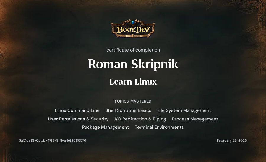 Roman Skripnik's Boot.dev Learn Linux certificate