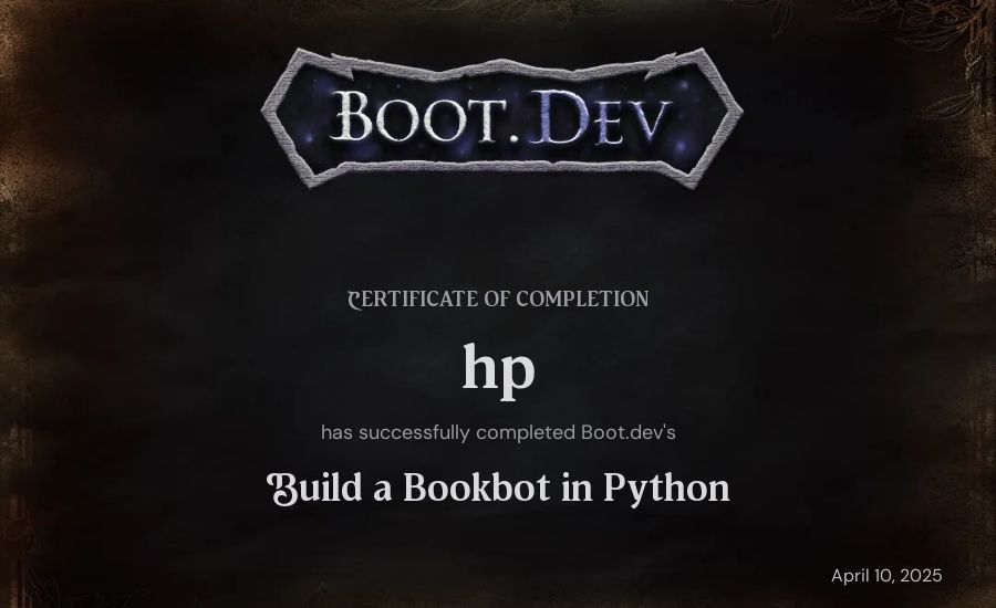 Huy Pham's Boot.dev Build a BookBot in Python certificate