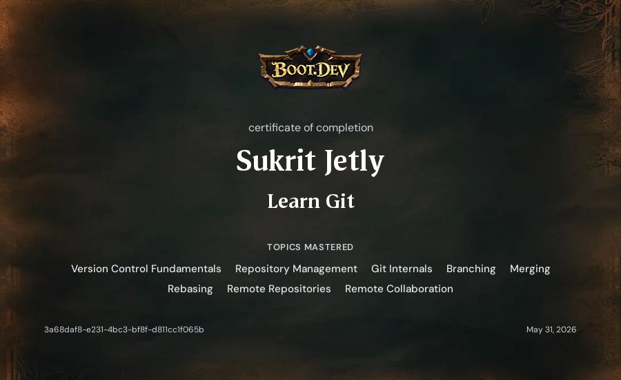 Sukrit Jetly's Boot.dev Learn Git certificate