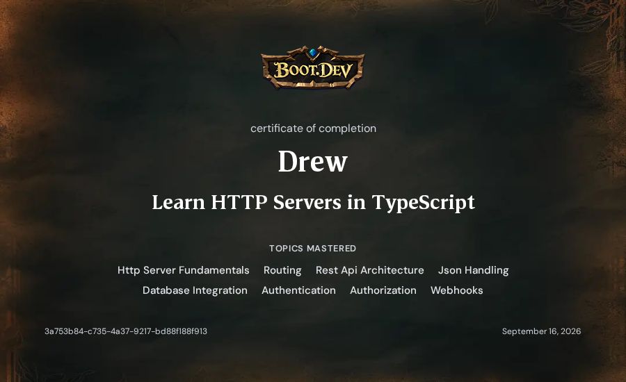 Drew's Boot.dev Learn HTTP Servers in TypeScript certificate