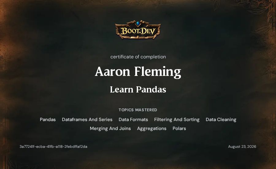 Aaron Fleming's Boot.dev Learn Pandas certificate
