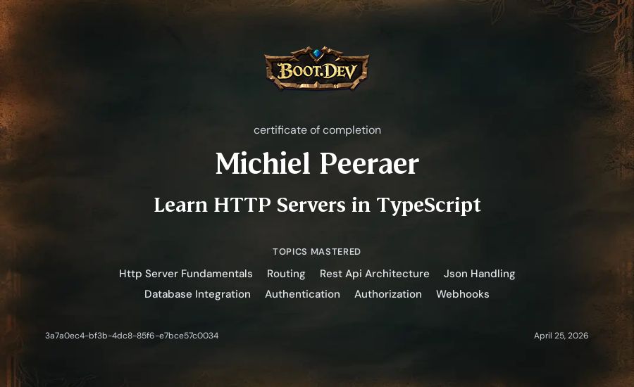 Michiel Peeraer's Boot.dev Learn HTTP Servers in TypeScript certificate