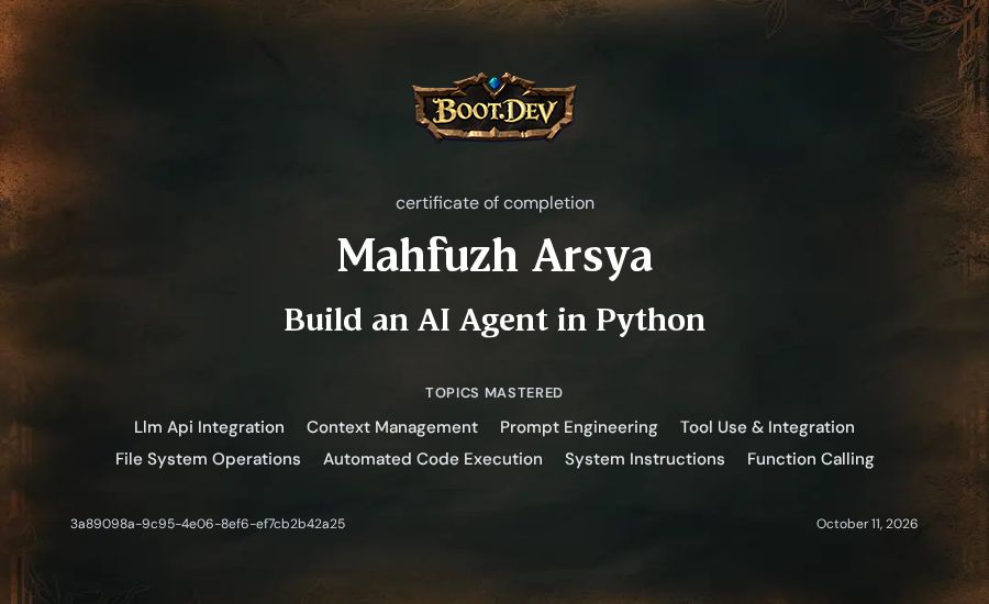 Mahfuzh Arsya's Boot.dev Build an AI Agent in Python certificate