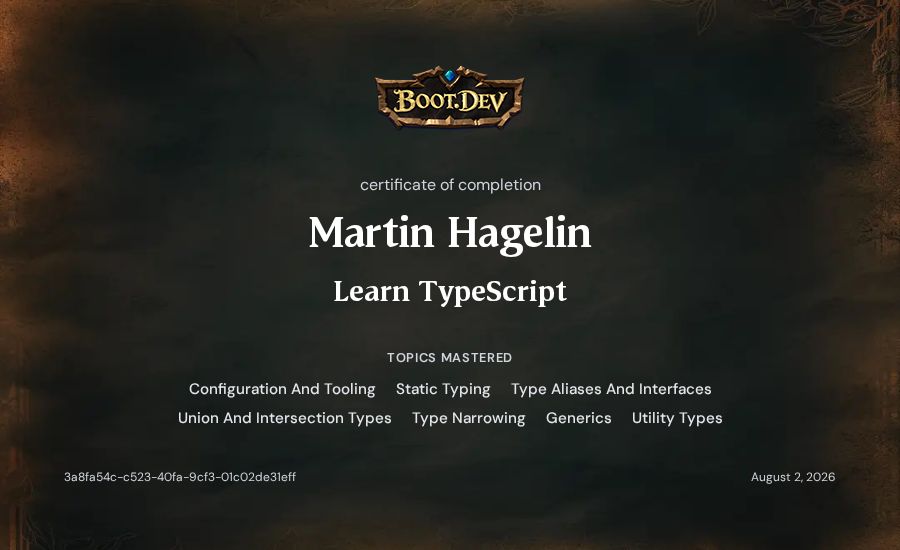 Martin Hagelin's Boot.dev Learn TypeScript certificate
