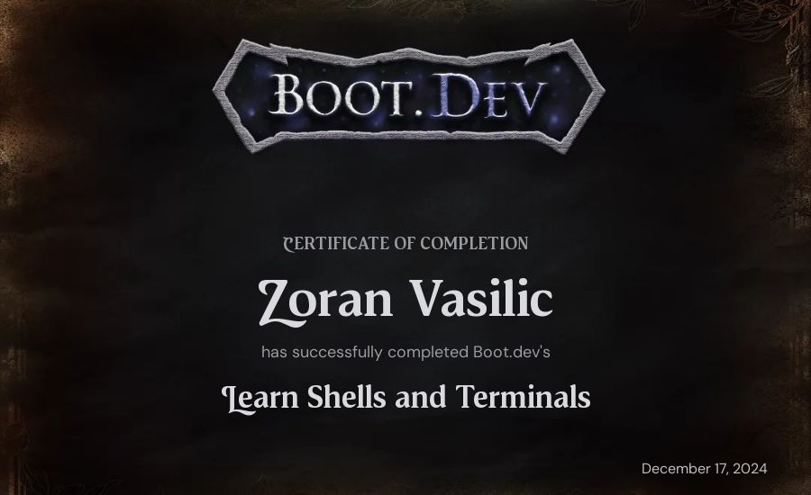 Zoran Vasilic's Boot.dev Learn Linux certificate