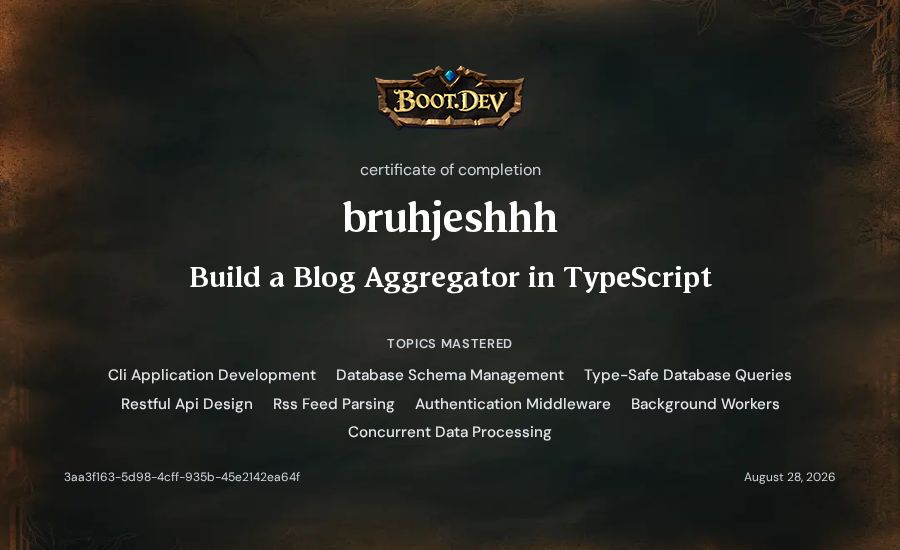 bruhjeshhh's Boot.dev Build a Blog Aggregator in TypeScript certificate