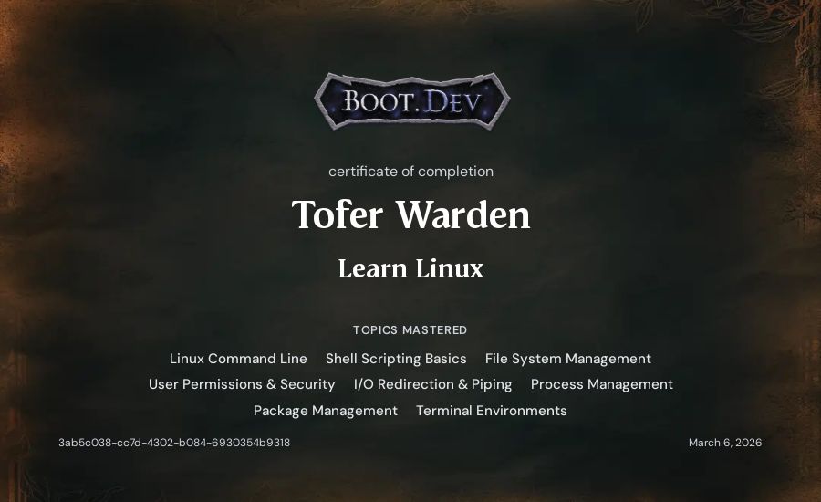 Tofer Warden's Boot.dev Learn Linux certificate