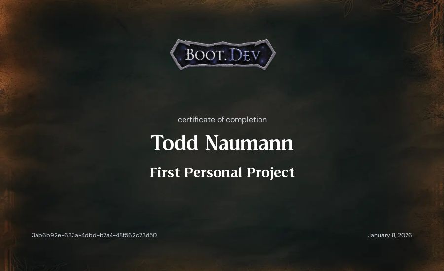 Todd Naumann's Boot.dev First Personal Project certificate