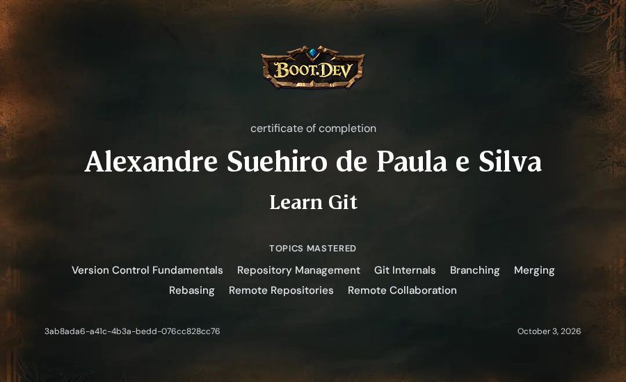 Alexandre  Suehiro de Paula e Silva's Boot.dev Learn Git certificate