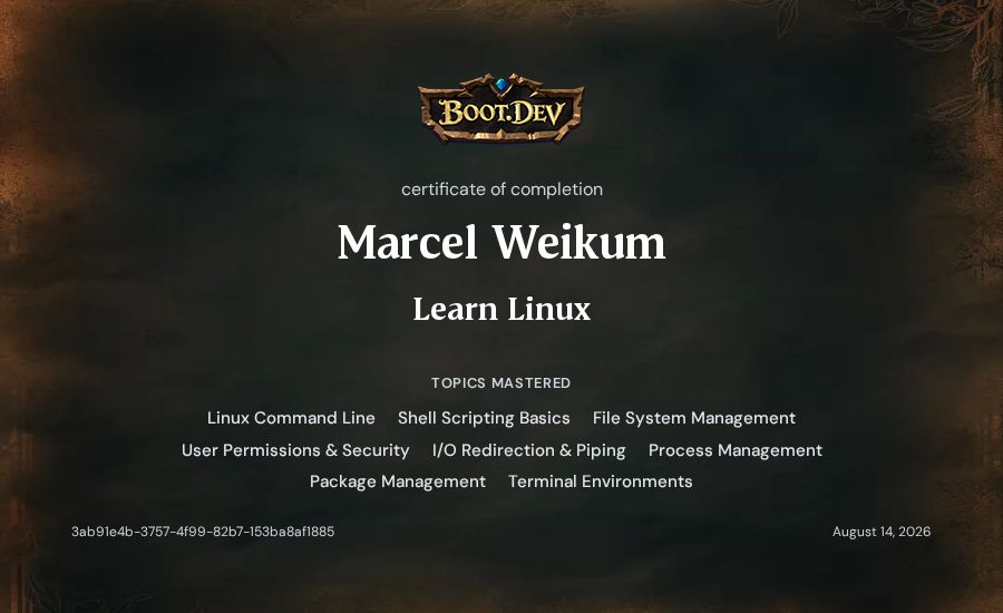 Marcel Weikum's Boot.dev Learn Linux certificate