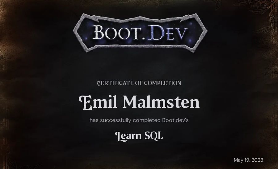 Emil Malmsten's Boot.dev Learn SQL certificate