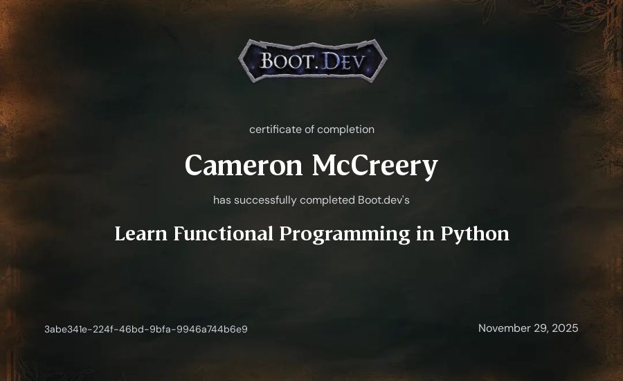 Cameron McCreery's Boot.dev Learn Functional Programming in Python certificate