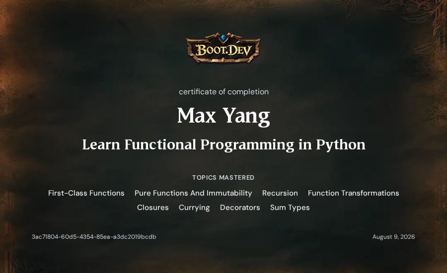 Max Yang's Boot.dev Learn Functional Programming in Python certificate