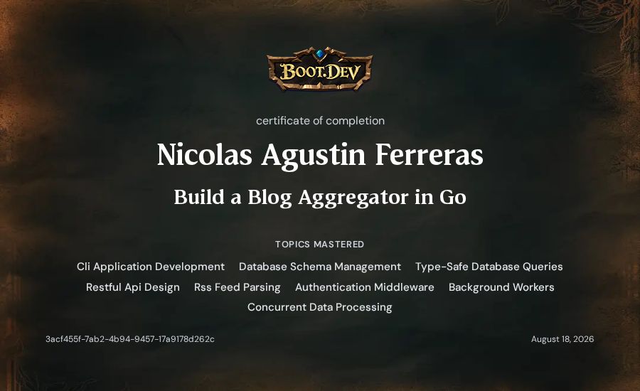 Nicolas Agustin Ferreras's Boot.dev Build a Blog Aggregator in Go certificate