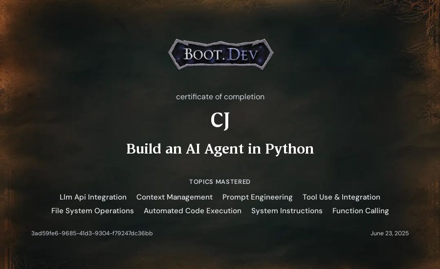 CJ's Boot.dev Build an AI Agent in Python certificate
