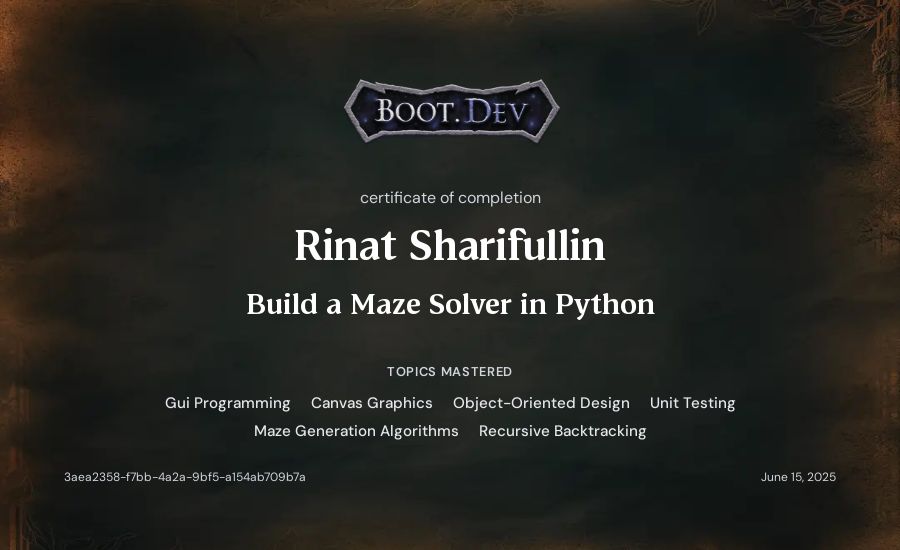 Rinat Sharifullin's Boot.dev Build a Maze Solver in Python certificate