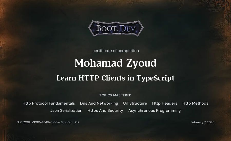 Mohammad Zyoud's Boot.dev Learn HTTP Clients in TypeScript certificate