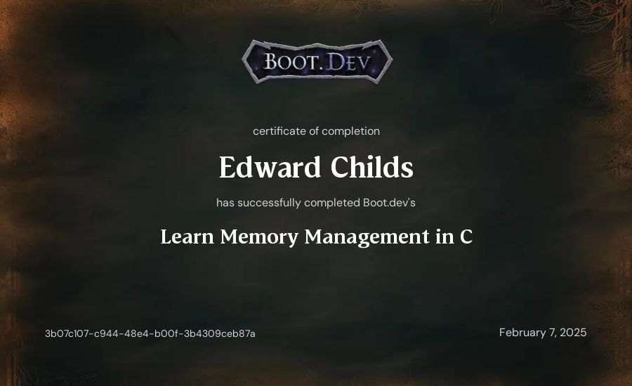 Edward Childs's Boot.dev Learn Memory Management in C certificate